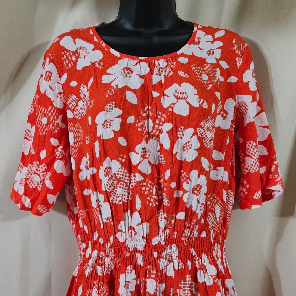 Kate Spade New York Red White Floral Smocked Waist Midi Dress Pockets Size 4